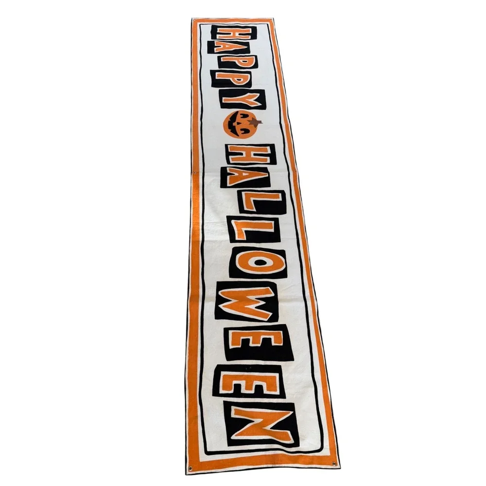 POTTERY BARN Banner White Orange Happy Halloween Jack-O-Lantern Long Spooky